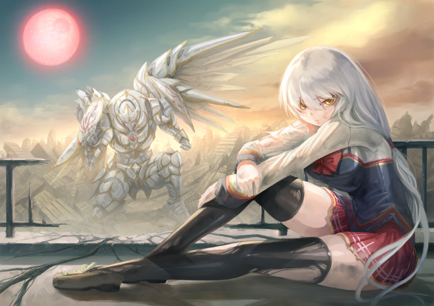 bow breasts building city dirty fantasy full_moon hair_tie hokuto_shinken large_breasts loafers long_hair long_ponytail mecha moon original ponytail red_moon ribbon ruins shoes sitting skirt symbol-shaped_pupils thighhighs torn_clothes very_long_hair white_hair yellow_eyes zettai_ryouiki