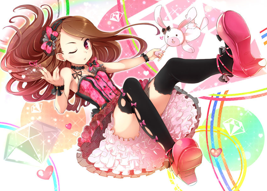 black_legwear brown_hair dress frills gathers hairband heart high_heels holding idolmaster idolmaster_(classic) long_hair looking_at_viewer minase_iori minatsuki_randoseru nail_polish one_eye_closed red_footwear shoes solo stuffed_animal stuffed_bunny stuffed_toy thighhighs wrist_cuffs