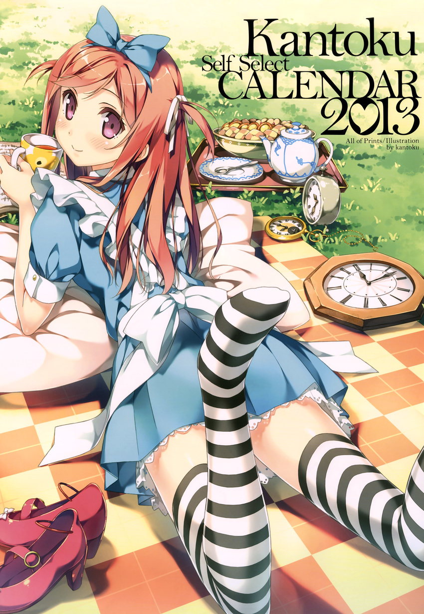 absurdres alice_(wonderland) alice_(wonderland)_(cosplay) alice_in_wonderland bow brown_eyes checkered checkered_floor clock cookie cosplay cup dress food hair_bow highres image_sample kantoku kurumi_(kantoku) lying mary_janes on_stomach original plate pocket_watch purple_eyes red_footwear replaceme shoes shoes_removed solo spoon striped striped_legwear tea_set teacup teapot thighhighs tray watch yandere_sample