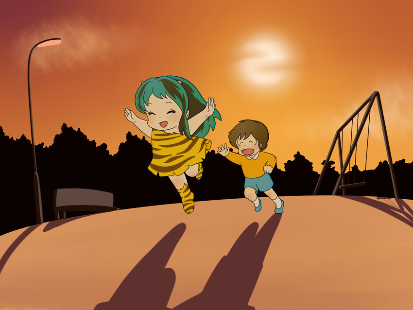 1boy 1girl alternate_costume alternate_outfit bench brown_hair child eyes_closed green_hair highres horns lamppost lum lum10 moroboshi_ataru oni open_mouth outstretched_arms playground running shadow sky smile streetlight sun sunset swing tree urusei_yatsura young younger