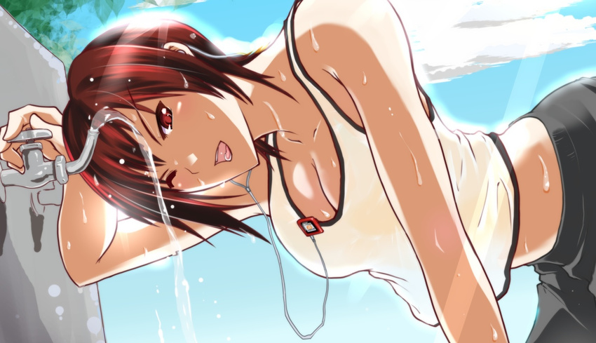 bent_over bizen_dorobune blue_sky breasts cleavage cloud day dead_or_alive dead_or_alive_5 digital_media_player drinking_fountain earbuds earphones large_breasts leaning_forward midriff mila_(doa) one_eye_closed red_eyes red_hair short_hair sky smile solo sweat tank_top wet wet_clothes