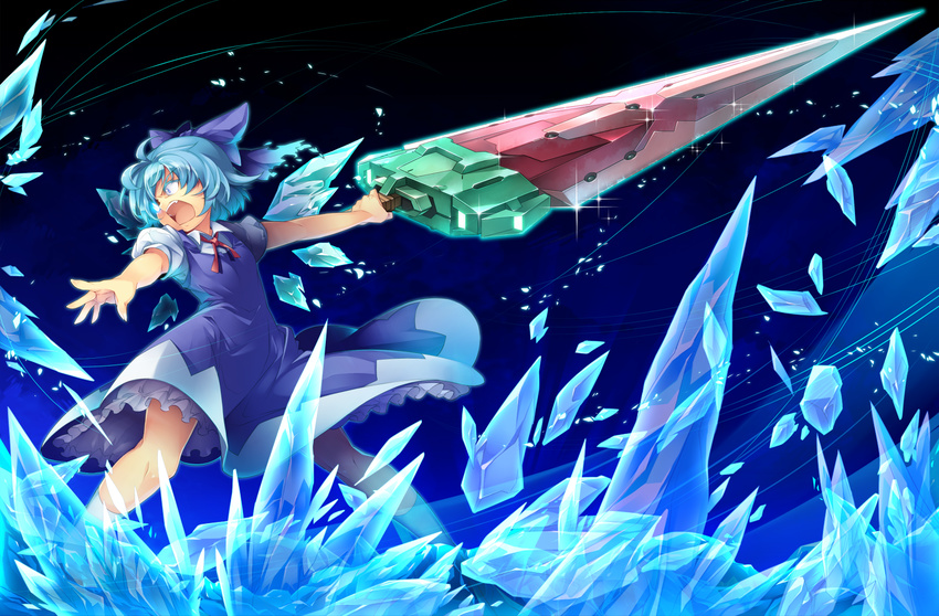 :o blue_eyes blue_hair bow cirno dress food hair_bow highres holding huge_weapon ice ice_wings kokka_han open_mouth outstretched_arms popsicle short_hair solo sword touhou watermelon_bar weapon wings