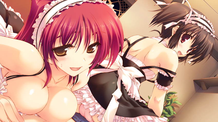 amazuyu_tatsuki areolae arm_garter blush breasts brown_eyes brown_hair dutch_angle frills game_cg headdress indoors kousaka_tamaki long_hair looking_at_viewer maid maid_headdress manaka_de_ikuno!! medium_breasts mitsumi_misato multiple_girls panties pink_panties pov red_eyes short_hair skirt sweat to_heart_2 underwear yuzuhara_konomi