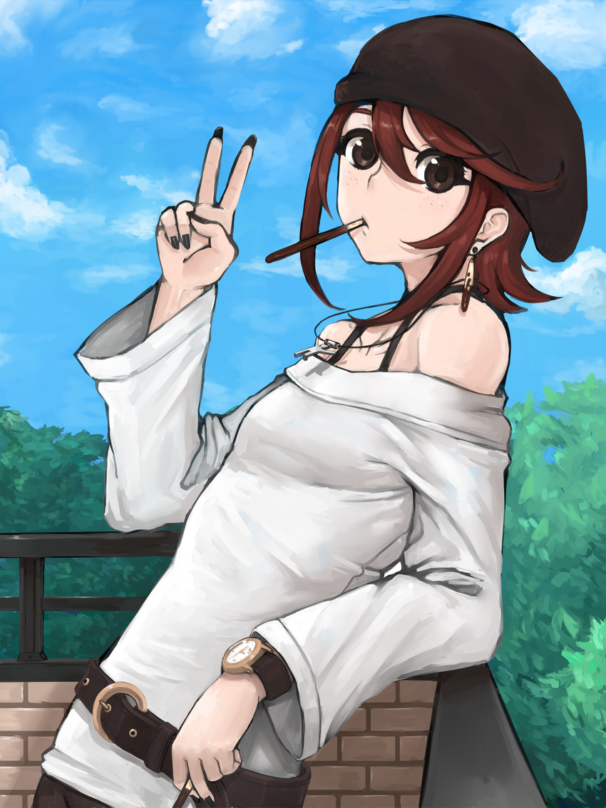 bare_shoulders belt earrings food freckles hat highres jewelry leaning looking_at_viewer madarame necklace original pocky solo v watch