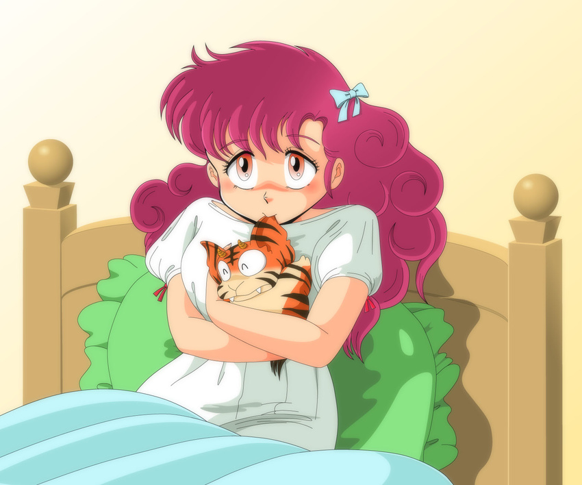 1girl biting blanket doll ear_biting hair_ribbon highres looking_at_viewer m_mushimaru nightgown on_bed pillow ran_(urusei_yatsura) red_eyes red_hair ribbon solo urusei_yatsura