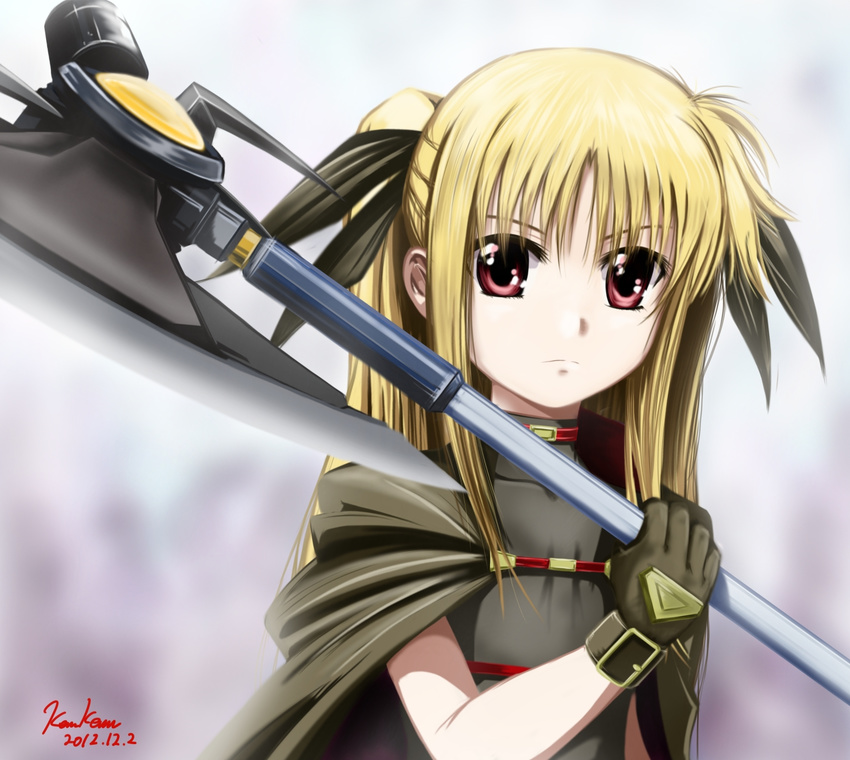 artist_name axe bardiche blonde_hair buckle cape fate_testarossa gloves hair_ribbon highres kem_kem long_hair lyrical_nanoha mahou_shoujo_lyrical_nanoha red_eyes ribbon solo twintails upper_body weapon