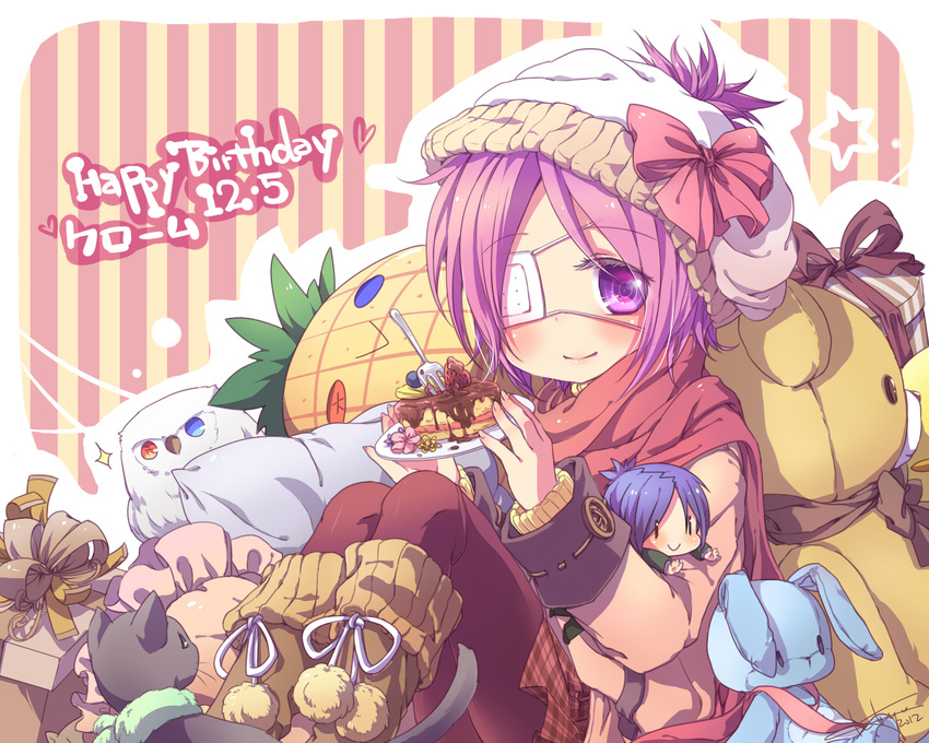 blush bow cake cat character_doll chrome_dokuro dated eyepatch food fork happy_birthday hat hat_bow heart highres holding katekyo_hitman_reborn! keluy looking_at_viewer pantyhose purple_eyes purple_hair rokudou_mukuro scarf sitting slice_of_cake smile solo striped striped_background stuffed_animal stuffed_toy teddy_bear