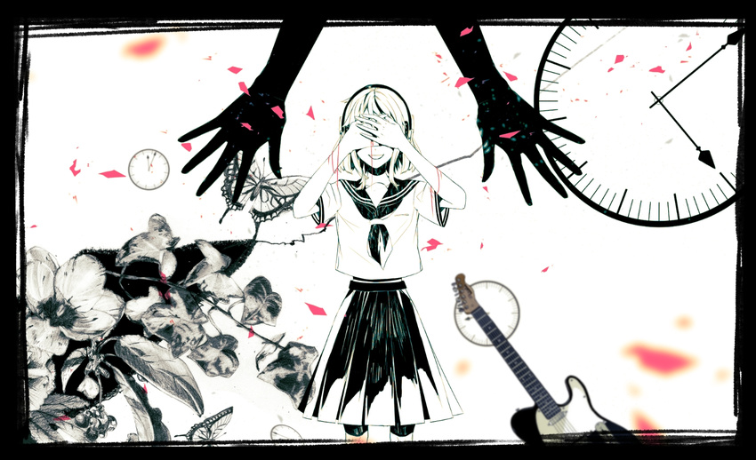 covering_eyes gumi monochrome open_mouth red_string school_uniform short_hair skirt smile solo string vient vocaloid