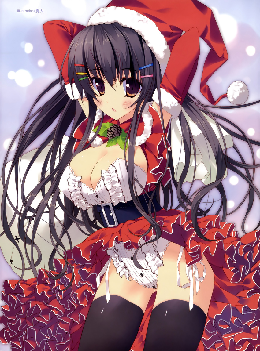 absurdres arms_behind_head arms_up black_hair black_legwear breasts brown_eyes chiisana_kanojo_no_serenade christmas cleavage cleavage_cutout dress elbow_gloves fur_trim gloves hair_ornament hairclip hat highres large_breasts leotard long_hair motosuwa_matsuri red_dress red_gloves sack santa_hat scan solo thighhighs tsurusaki_takahiro