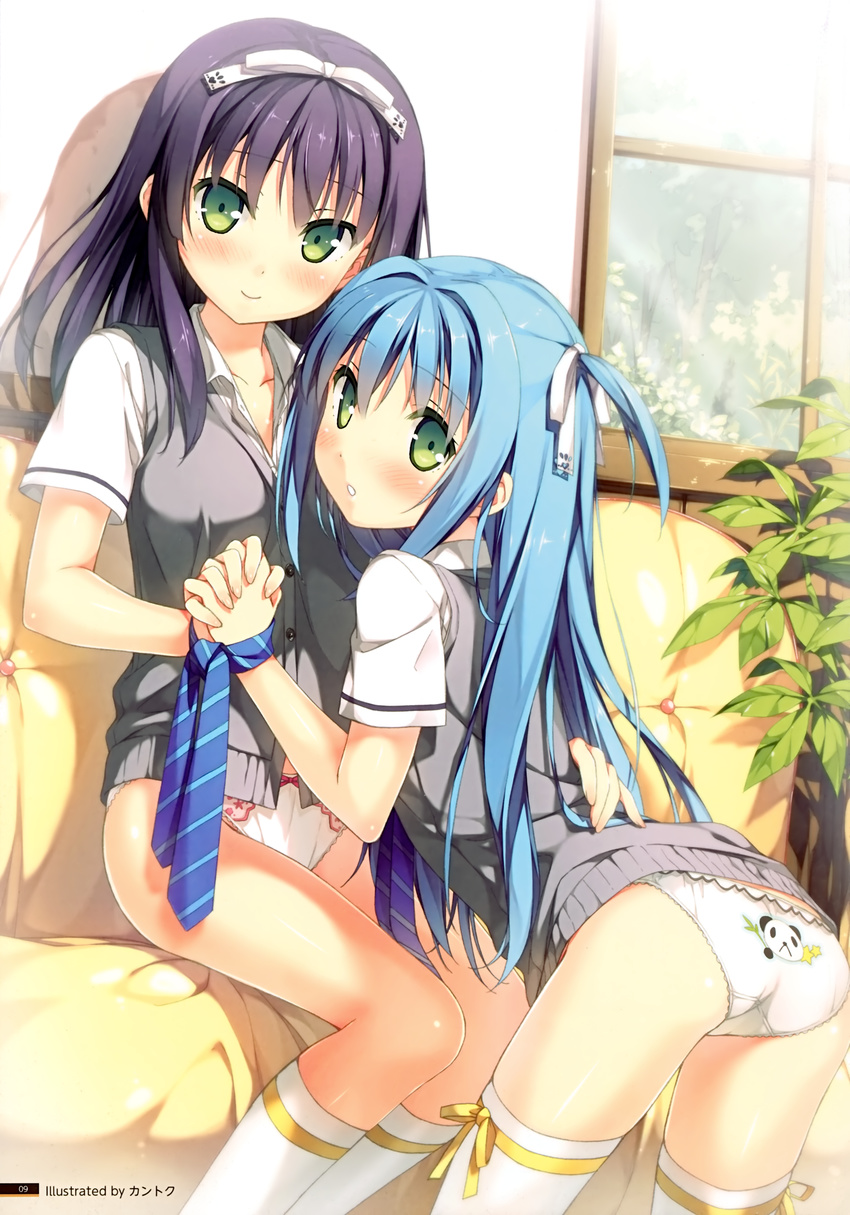 absurdres animal_print ass bear_print black_hair blue_hair blush bow bow_panties cardigan_vest green_eyes hair_ribbon highres holding_hands interlocked_fingers kantoku kneehighs kneeling kurano_ema kurano_kun_chi_no_futago_jijou kurano_yae long_hair looking_at_viewer multiple_girls necktie no_pants panda_panties panda_print panties parted_lips print_panties ribbon scan siblings sisters sitting smile sweater_vest thighhighs twins two_side_up underwear vest white_legwear white_panties