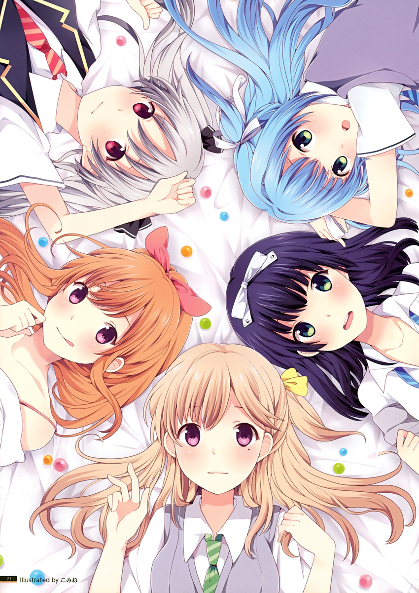 :o :q absurdres blonde_hair blue_hair brown_hair circle_formation green_eyes hair_ribbon highres komine kurano_ema kurano_izumi kurano_kun_chi_no_futago_jijou kurano_mikoto kurano_tomoka kurano_yae light_smile long_hair lying mole multiple_girls necktie on_back on_side purple_eyes purple_hair ribbon scan school_uniform siblings sisters smile tongue tongue_out twins twintails two_side_up v vest