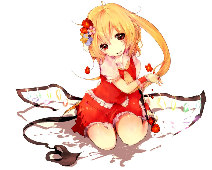 arikio blonde_hair fang flandre_scarlet flower hair_flower hair_ornament head_tilt laevatein looking_at_viewer no_hat no_headwear open_mouth puffy_sleeves red_eyes ribbon shirt short_sleeves side_ponytail sitting skirt skirt_set smile solo touhou vest wings wrist_cuffs