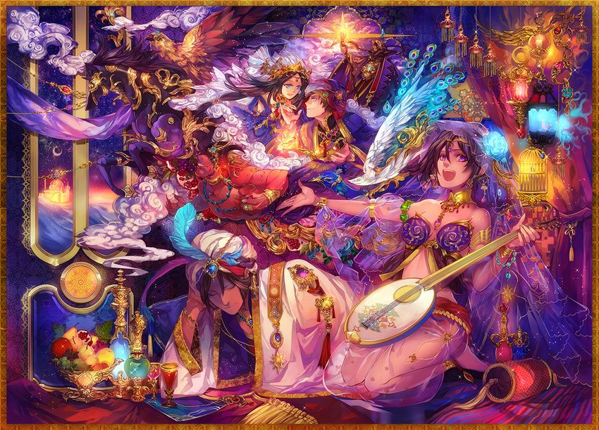 2girls arabian_nights bird brown_hair closed_eyes crown dress food fruit hair_ornament hat horse instrument jewelry kyouka_hatori long_hair lying multiple_boys multiple_girls open_mouth original scheherazade_(arabian_nights) shahrayar short_hair