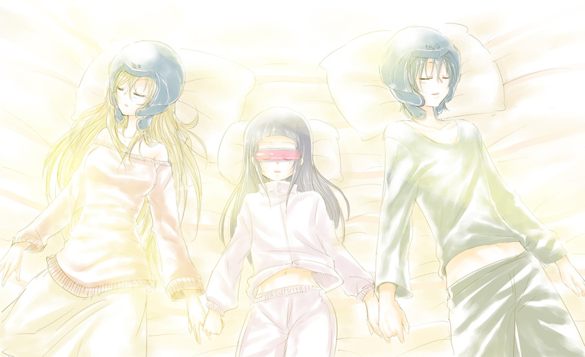 2girls asuna_(sao) black_hair fuya_(tempupupu) head_mounted_display helmet holding_hands kirito long_hair lying multiple_girls nervegear off_shoulder pillow short_hair sleeping sleepwear sword_art_online yui_(sao)