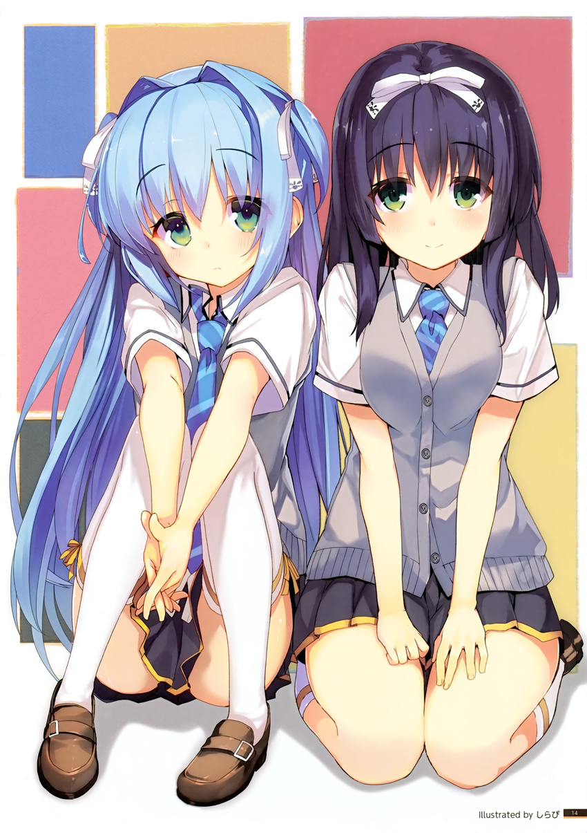 absurdres black_hair blue_hair cardigan_vest frown green_eyes hair_intakes hair_ribbon highres kneehighs knees_together_feet_apart kurano_ema kurano_kun_chi_no_futago_jijou kurano_yae loafers long_hair multiple_girls necktie pleated_skirt ribbon scan school_uniform shirabi shoes siblings sisters sitting skirt smile sweater_vest thighhighs twins two_side_up very_long_hair vest wariza white_legwear