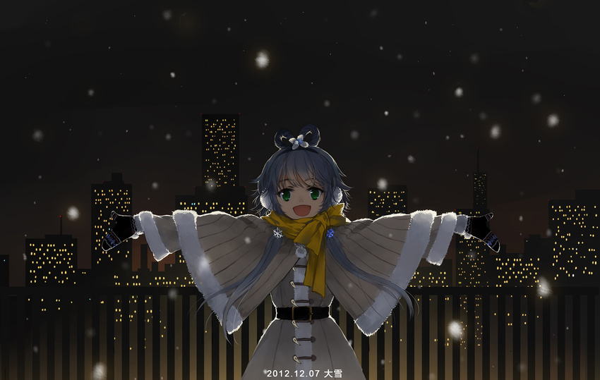 2012 :d city city_lights dated earmuffs green_eyes hair_ornament highres ink_(y3297528xx) luo_tianyi mittens night open_mouth outstretched_arms scarf smile snow solo spread_arms translated vocaloid vocanese