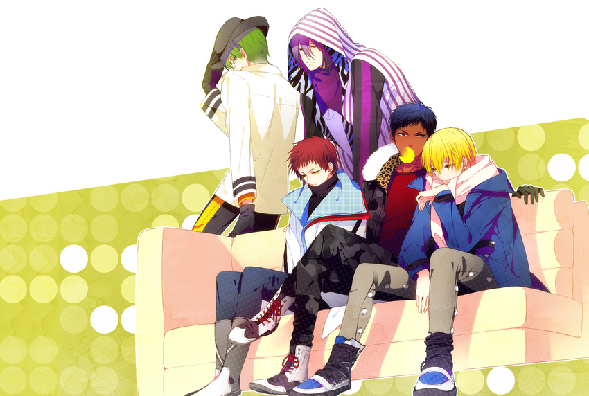 akashi_seijuurou aomine_daiki black_gloves blonde_hair blue_eyes blue_hair boots bubble_blowing chewing_gum coat couch dark_skin dark_skinned_male denim earrings fur_trim glasses gloves green_eyes green_hair hakusai_(tiahszld) hand_on_headwear hat heterochromia highres hood hoodie jacket jeans jewelry kise_ryouta kuroko_no_basuke leaning male_focus midorima_shintarou multiple_boys murasakibara_atsushi pants purple_eyes purple_hair red_eyes red_hair scarf shoes sitting sneakers standing sweater turtleneck yellow_eyes