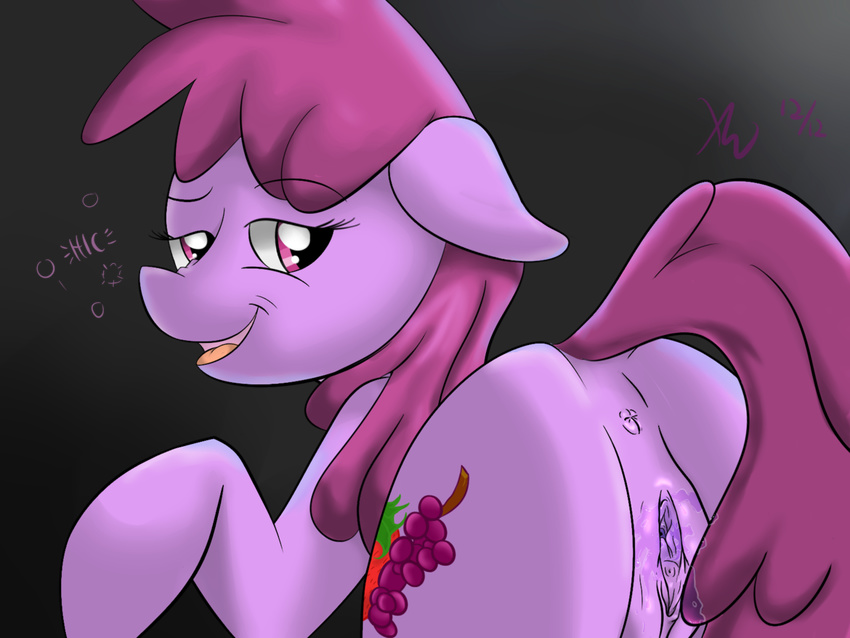 berry_punch_(mlp) black_background butt cutie_mark drunk equine female feral friendship_is_magic fur horse looking_back mammal my_little_pony nude open_mouth pink_eyes pink_fur plain_background pony presenting presenting_hindquarters pussy pussy_juice simple_background smile solo tongue