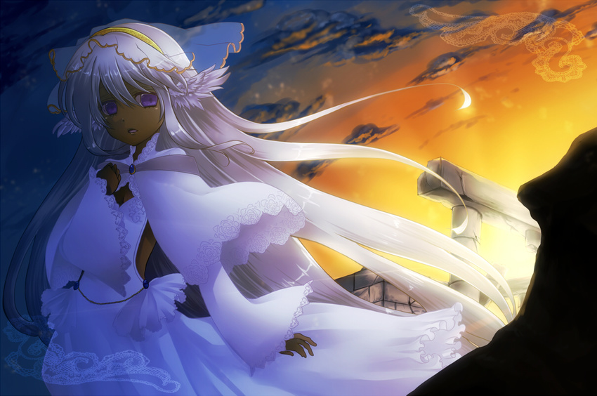 bad_id bad_pixiv_id bow dark_skin dress feathers hair_bow hairband lace-trimmed_sleeves long_hair original purple_eyes silver_hair solo sunset utani_(punishment) very_long_hair white_dress wide_sleeves