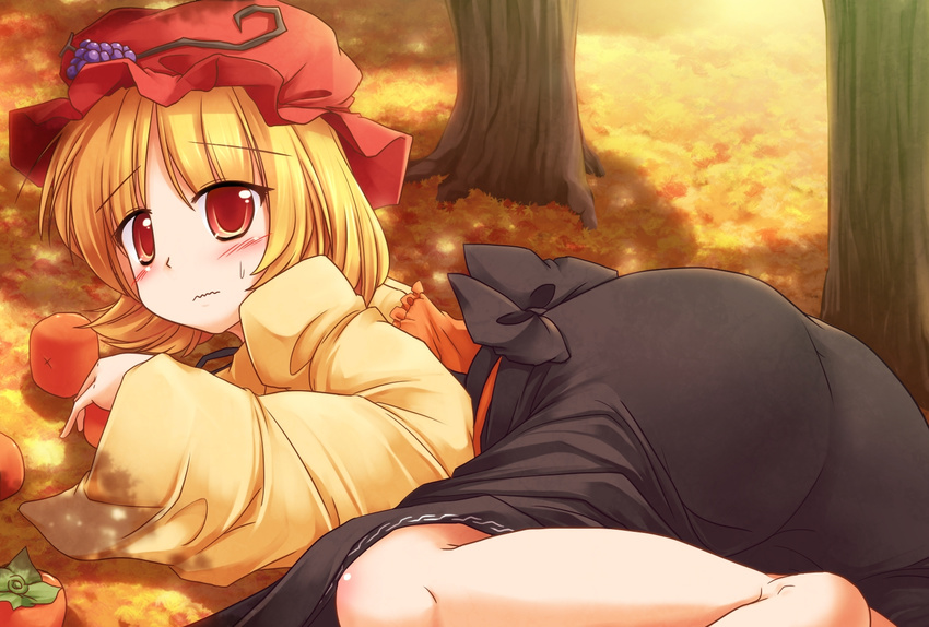 aki_minoriko ass autumn_leaves barefoot blonde_hair blush food fruit grapes hat highres long_sleeves looking_at_viewer lzh persimmon red_eyes shirt short_hair skirt solo touhou tree wavy_mouth wide_sleeves