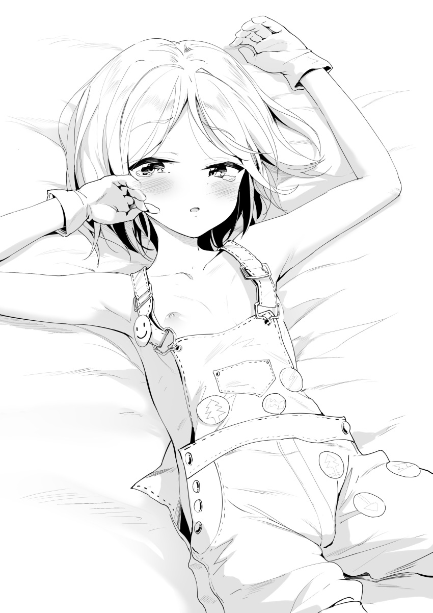 1girl absurdres arms_up bare_arms bed_sheet blush breasts buttons chen_bin cowboy_shot fate/grand_order fate_(series) gloves greyscale highres looking_at_viewer lying monochrome naked_overalls nipples on_back overalls parted_lips paul_bunyan_(fate/grand_order) short_hair small_breasts smiley_face solo suspenders tears unbuttoned