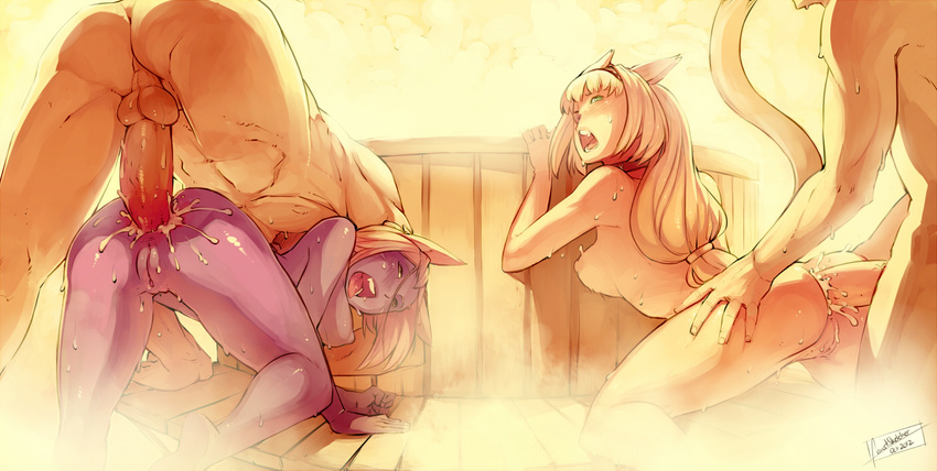 2girls all_fours altera_moontail anal animal_ears anus areolae ass bench blonde_hair breasts cum cum_in_ass dated doggystyle faustsketcher final_fantasy final_fantasy_xiv green_eyes huge_penis large_penis long_hair manux_(faustsketcher) medium_breasts miqo'te multiple_boys multiple_girls multiple_penises navel nude one_eye_closed open_mouth original penis purple_skin pussy sauna sex sweat tail testicles tongue tongue_out