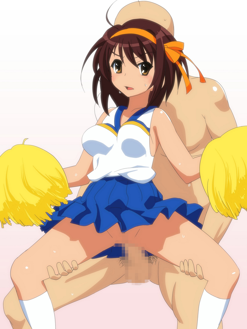 1girl bald blush bouncing_breasts breasts brother_ice_nigou brown_eyes brown_hair censored cheerleader held_up highres no_panties nude open_mouth penis pom_poms raw_sex sex short_hair simple_background skirt socks standing suzumiya_haruhi suzumiya_haruhi_no_yuuutsu sweat vaginal