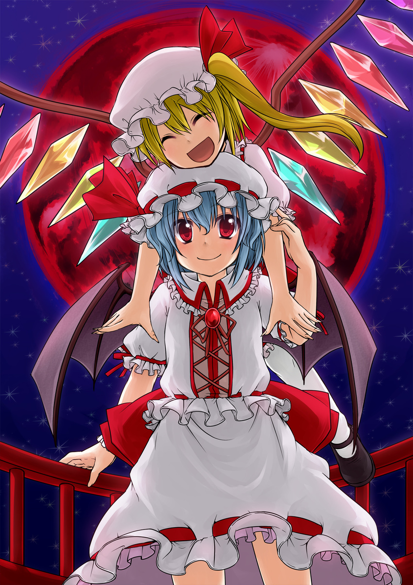 :d bat_wings blonde_hair blue_hair brooch closed_eyes flandre_scarlet full_moon hat hat_ribbon highres jewelry mary_janes monrooru moon multiple_girls night open_mouth pantyhose red_eyes red_moon remilia_scarlet ribbon shoes short_hair siblings side_ponytail sisters skirt skirt_set sky smile star_(sky) starry_sky touhou white_legwear wings