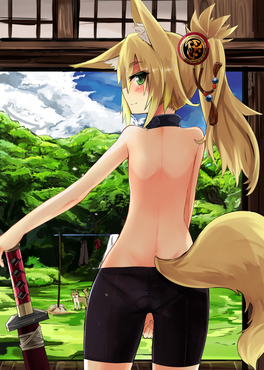 animal_ears bike_shorts fox_ears fox_tail from_behind green_eyes haik highres kokonoe_tsubaki long_hair looking_at_viewer looking_back original panties smile solo sword tail topless underwear weapon