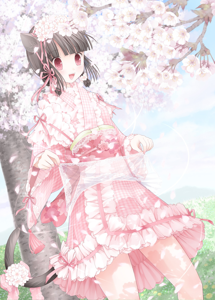 animal_ears black_hair cat_ears cat_tail cherry_blossoms flower hair_flower hair_ornament hair_ribbon highres japanese_clothes kanzaki_miku kimono kimono_skirt kuroinu lace lolita_fashion obi original petals purple_eyes revision ribbon sash short_hair solo tail tail_ornament tail_ribbon wa_lolita