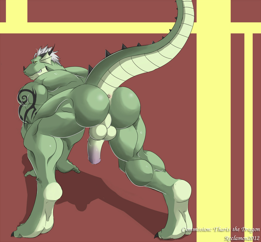 anthro anus balls bent_over biceps butt claws clenched_teeth digitigrade dragon erection fangs green_body green_dragon green_skin hair hindpaw horn looking_at_viewer looking_back male markings mooning muscles nude paws penis perineum pose presenting presenting_hindquarters raised_tail reclamon scales scalie solo tattoo teeth tharis toe_claws toned vein white_hair