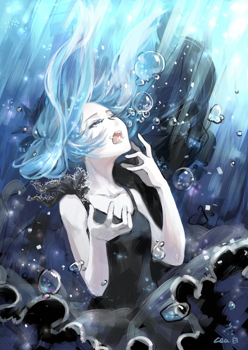 air_bubble asphyxiation breath bubble bubble_blowing drowning hatsune_miku highres long_hair neeta open_mouth shinkai_shoujo_(vocaloid) solo submerged underwater vocaloid wet wet_clothes