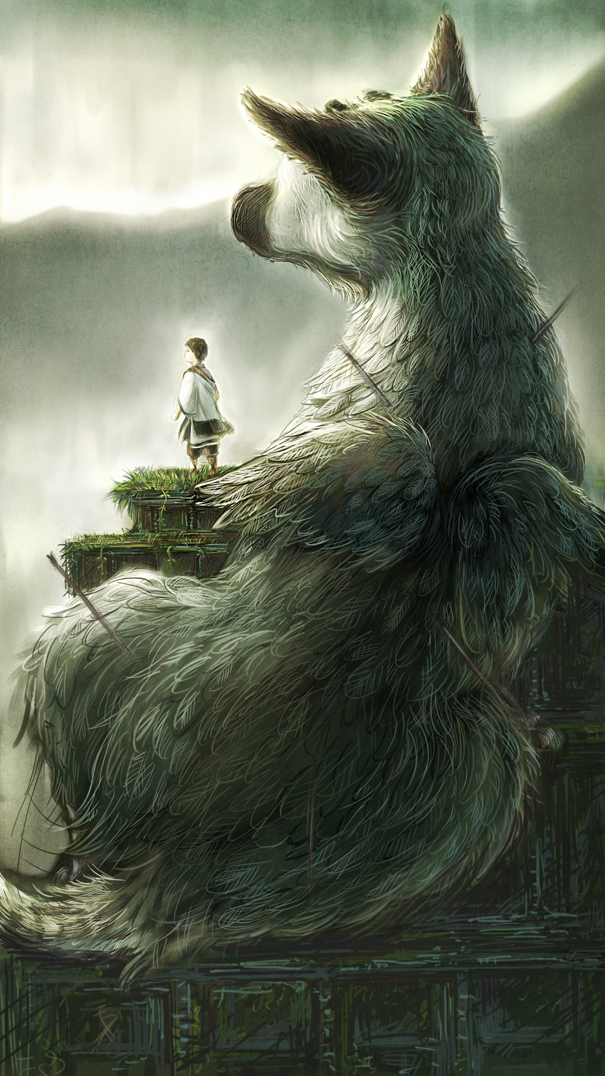 absurdres arrow bad_deviantart_id bad_id child david_hsu_yen feathers fur griffin highres short_hair the_boy_(the_last_guardian) the_last_guardian trico_(character) tunic