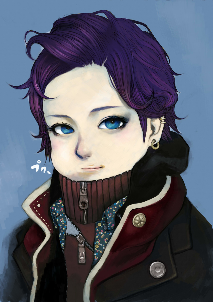 absurdres blue_eyes coat earrings highres jewelry junjunforever original purple_hair short_hair smile solo turtleneck zipper