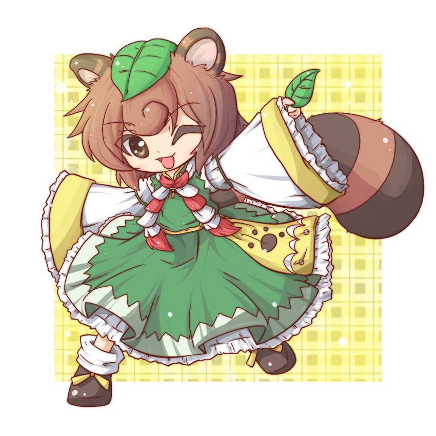 animal_ears bad_id bad_pixiv_id brown_eyes brown_hair fushigi_ebi highres leaf leaf_on_head one_eye_closed open_mouth original patterned_background roku_(touhou) short_hair smile solo tail touhou