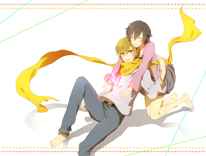 1girl barefoot belt black_hair blonde_hair blush bracelet closed_eyes couple denim dress durarara!! heart hetero hug hug_from_behind jeans jewelry kida_masaomi kneeling mikajima_saki pants revision ria scarf short_hair simple_background sitting smile yellow_eyes