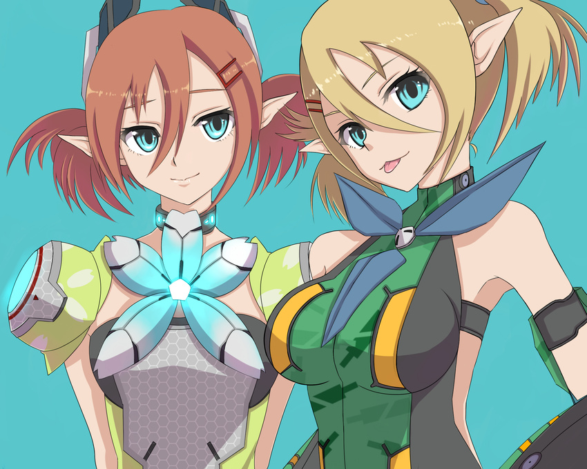 armlet arms_behind_back bad_id bad_pixiv_id bare_shoulders blonde_hair blue_eyes brown_hair choker hair_ornament hairclip highres honey_jacket little_prim multiple_girls patty_(pso2) phantasy_star phantasy_star_online_2 pointy_ears r_n_(kisaragiyurii) simple_background tiea tongue tongue_out twintails