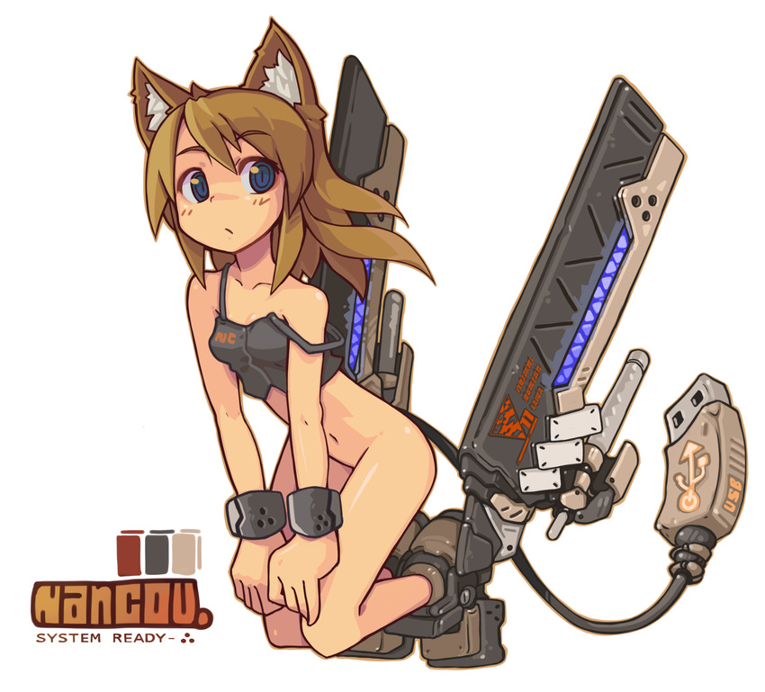 android animal_ears artist_name bare_shoulders blue_eyes bottomless bracelet highres jewelry kneeling mecha_musume nancou_(nankou) navel original simple_background solo strap_slip usb white_background