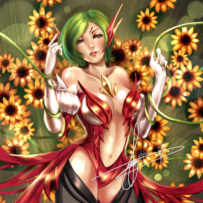 \m/ alternate_hairstyle bare_shoulders black_legwear bob_cut breasts center_opening collarbone cosplay ear_covers elbow_gloves flower gem gloves green_hair hannah_santos highres kazami_yuuka large_breasts league_of_legends navel plant red_eyes short_hair solo sunflower thighhighs touhou vines white_gloves zyra zyra_(cosplay)