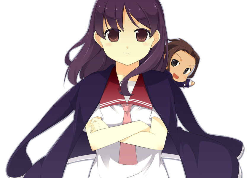 blush chibi crossed_arms jacket_on_shoulders long_hair megan_davin multiple_girls saki sasakura school_uniform serafuku spoilers tsujigaito_satoha