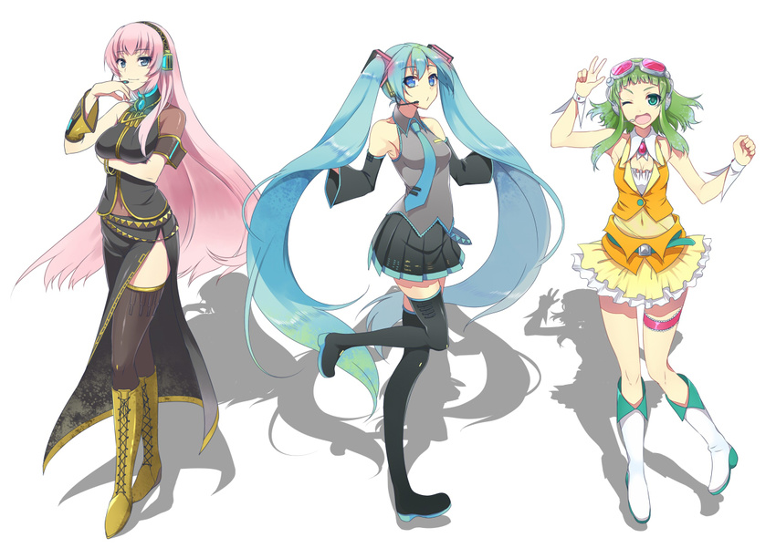aqua_eyes aqua_hair bare_shoulders blue_eyes blush boots breasts detached_sleeves dress goggles goggles_on_head green_eyes green_hair gumi hair_ornament hairband hatsune_miku headset long_hair looking_at_viewer medium_breasts megurine_luka multiple_girls navel necktie one_eye_closed open_mouth pink_hair pochi_(pochi-goya) short_hair skirt smile thigh_boots thighhighs twintails v very_long_hair vocaloid