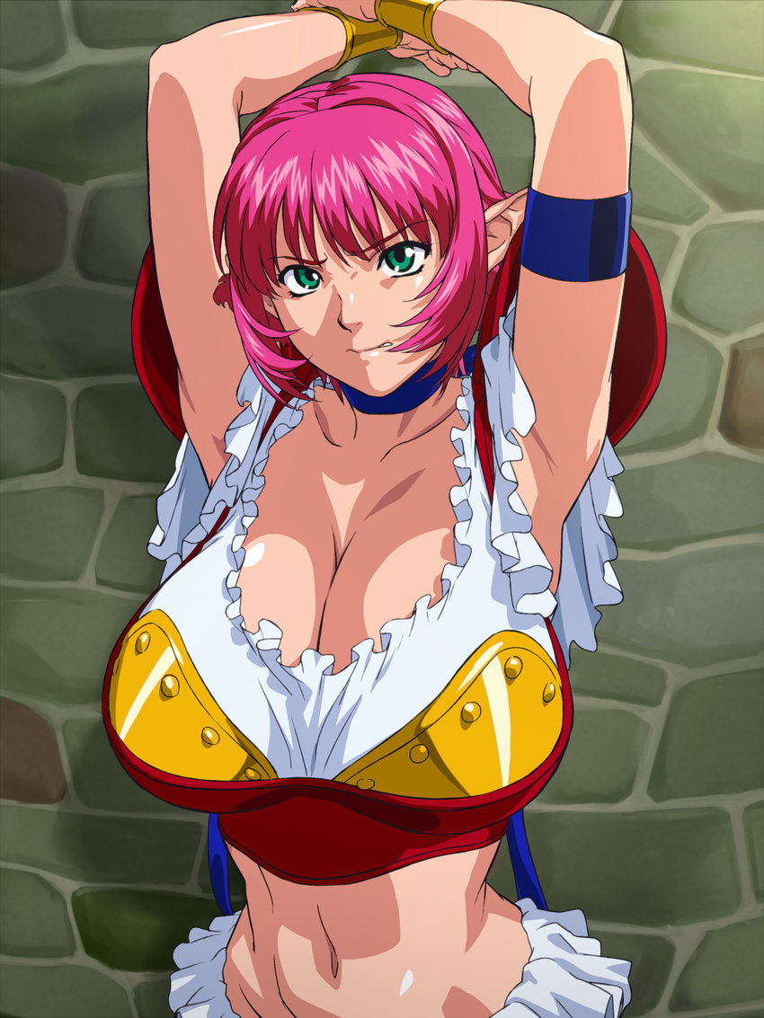 1girl armband armor armpits arms_up bangs bracer bracers breasts brick_wall cala cleavage clenched_teeth collar elf frilled_panties frilled_shirt frills green_eyes highres jewelry large_breasts looking_at_viewer magenta_hair navel necklace panties pink_hair pointy_ears red_hair ribbon riposte shiny shiny_skin short_hair shoulder_armor solo underwear viper_rsr
