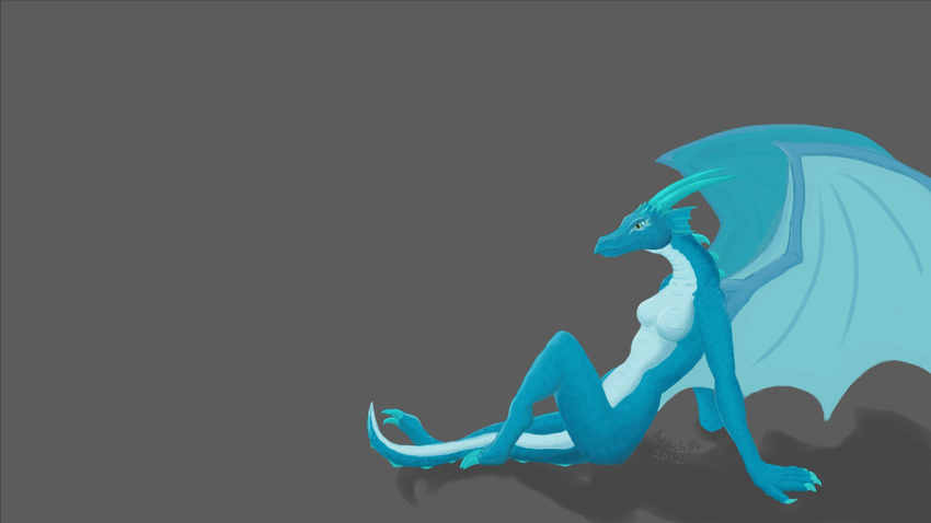 blue breasts claws dragon female fins horn no_nipples plain_background scales scalie sitting smile spines wings
