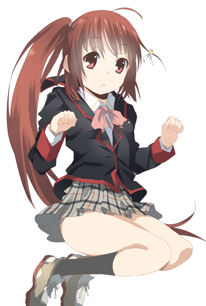 :&lt; bow brown_hair ew highres jumping little_busters! long_hair md5_mismatch natsume_rin pink_bow plaid plaid_skirt ponytail red_eyes school_uniform skirt solo