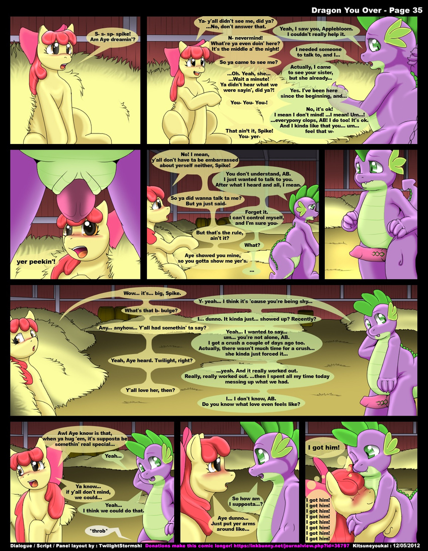 amber_eyes apple_bloom_(mlp) blush comic cub dialog dragon duo english_text equine erection female feral friendship_is_magic fur green_eyes hair hay horse kitsune_youkai licking male mammal my_little_pony penis pony presenting purple_body red_hair scalie spike_(mlp) straight text tongue yellow_fur young