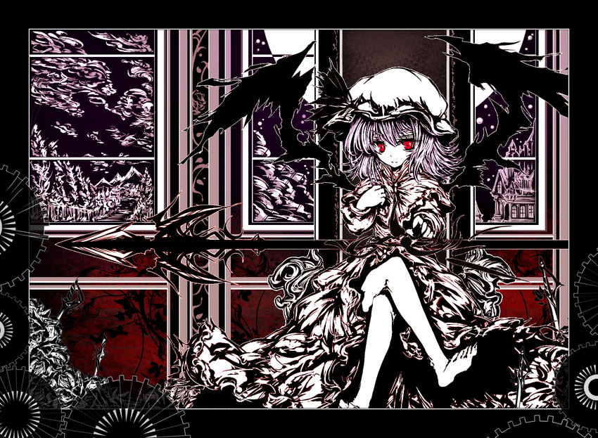 acryl blade bow crossed_legs hat hat_bow house purple_hair red_eyes remilia_scarlet sitting solo spear_the_gungnir sword touhou weapon window wings
