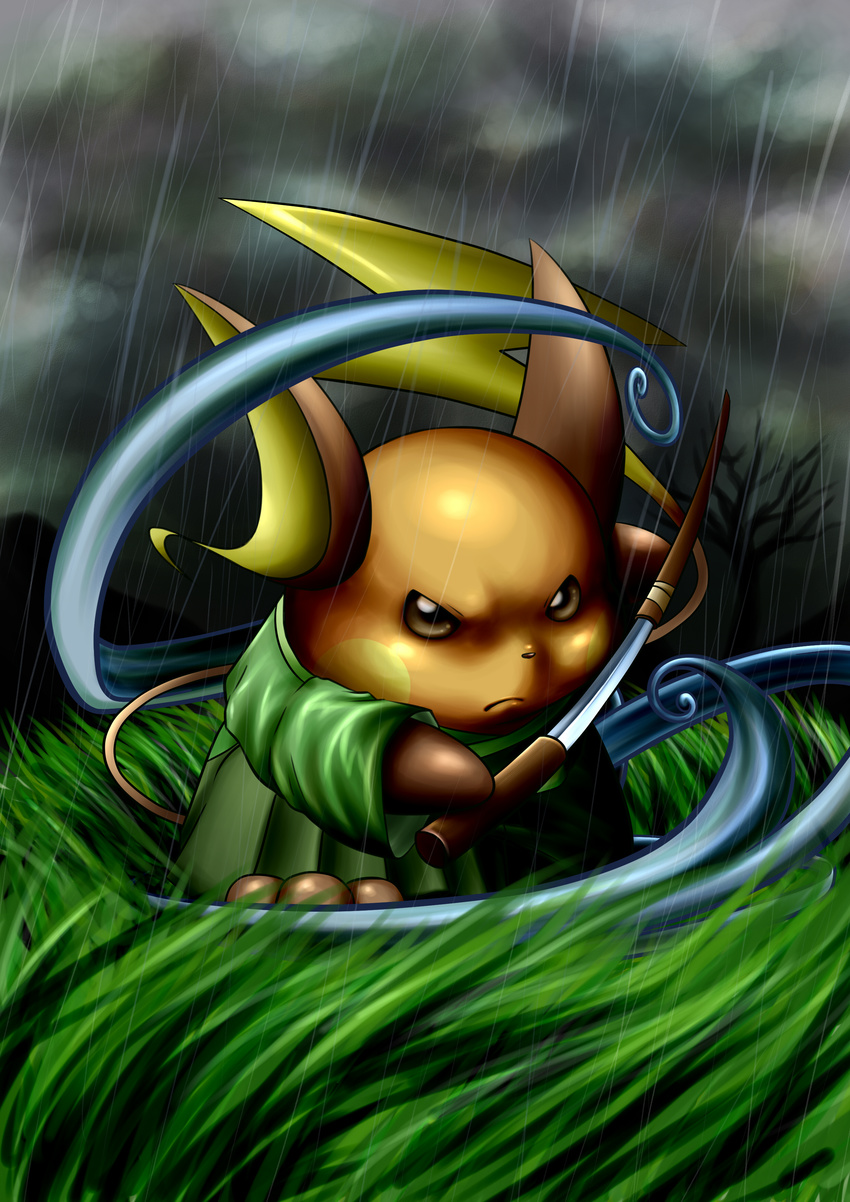 brown_eyes cafe_(chuu_no_ouchi) cloud gen_1_pokemon grass highres japanese_clothes katana kimono mountain no_humans pokemon pokemon_(creature) raichu rain samurai scabbard sheath sword tail tree weapon