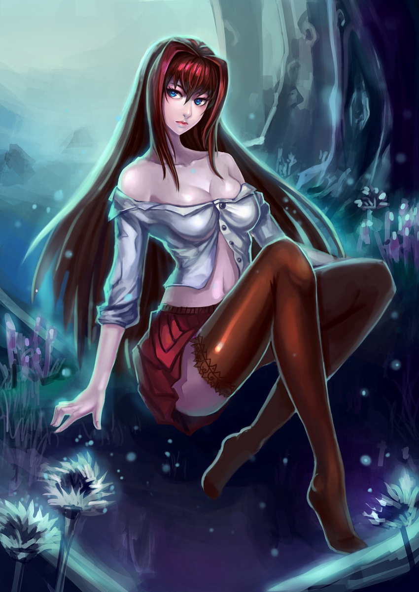 aozaki_aoko bare_shoulders blue_eyes breasts cleavage flower frown highres kamue large_breasts lips long_hair mahou_tsukai_no_yoru navel pleated_skirt red_hair sitting skirt solo thighhighs tree