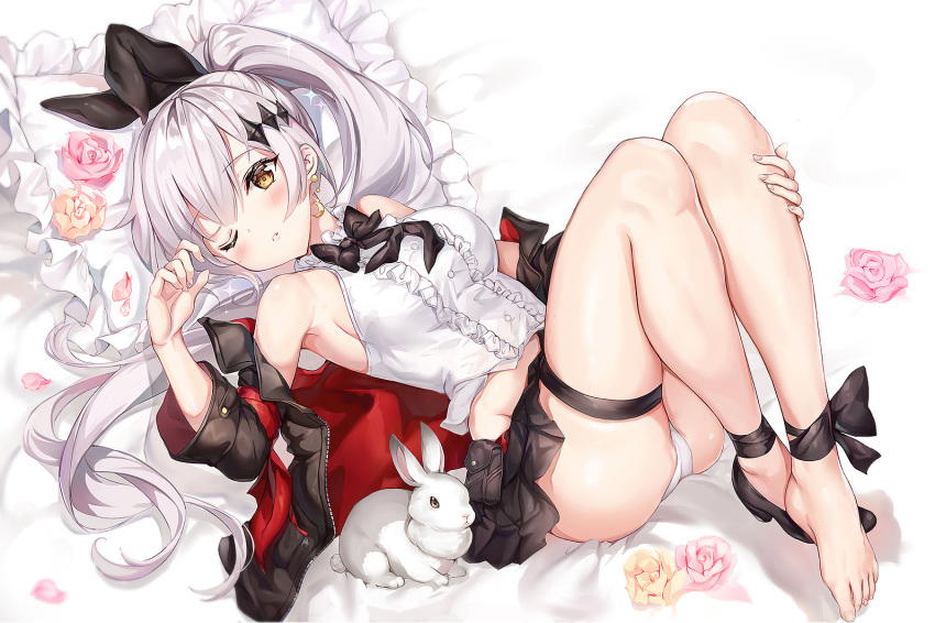 1girl ankle_ribbon armpits ass bangs barefoot black_footwear black_ribbon blouse blush bow bowtie breasts brown_eyes closed_mouth commentary_request crescent crescent_earrings earrings eyebrows_visible_through_hair feet five-seven_(girls_frontline) girls_frontline hair_ornament hair_ribbon hand_on_own_leg hand_up jacket jewelry knees_up large_breasts long_hair looking_at_viewer lying narae neck_ribbon off_shoulder on_back one_eye_closed panties ponytail ribbon shoes sidelocks silver_hair single_shoe skindentation skirt sleeveless_blouse smile solo sparkle thigh_strap thighs toes underwear very_long_hair white_blouse white_panties