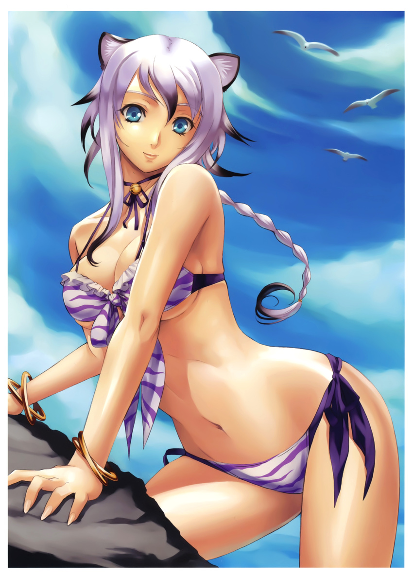 absurdres animal_ears bikini bird blue_eyes bracelet braid cat_ears cloud copyright_request day eiwa front-tie_top highres jewelry purple_hair rock side-tie_bikini silver_hair sky solo swimsuit